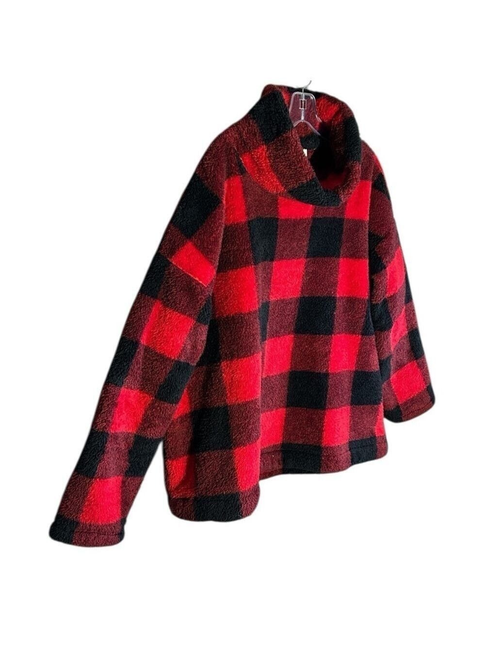 Loft Plush Fleece Buffalo Check Red and Black Plaid Funnel Neck Pullover XL - Picture 3 of 7